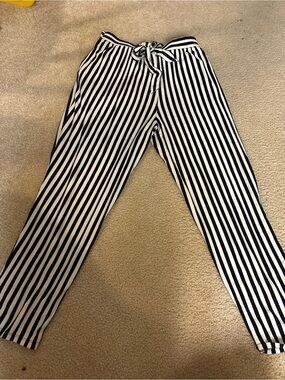 AnyBody Black and White Vertical Stripe Drawstring Pants